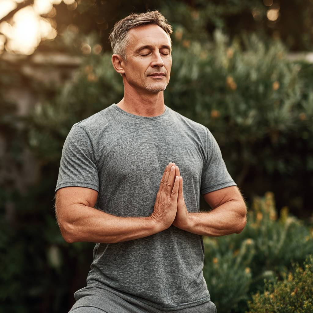 Peaceful middle-aged man in his late forties performing a standing yoga pose outdoors in a garden setting, wearing comfortable gray workout attire, demonstrating proper alignment and mindful practice with natural lighting