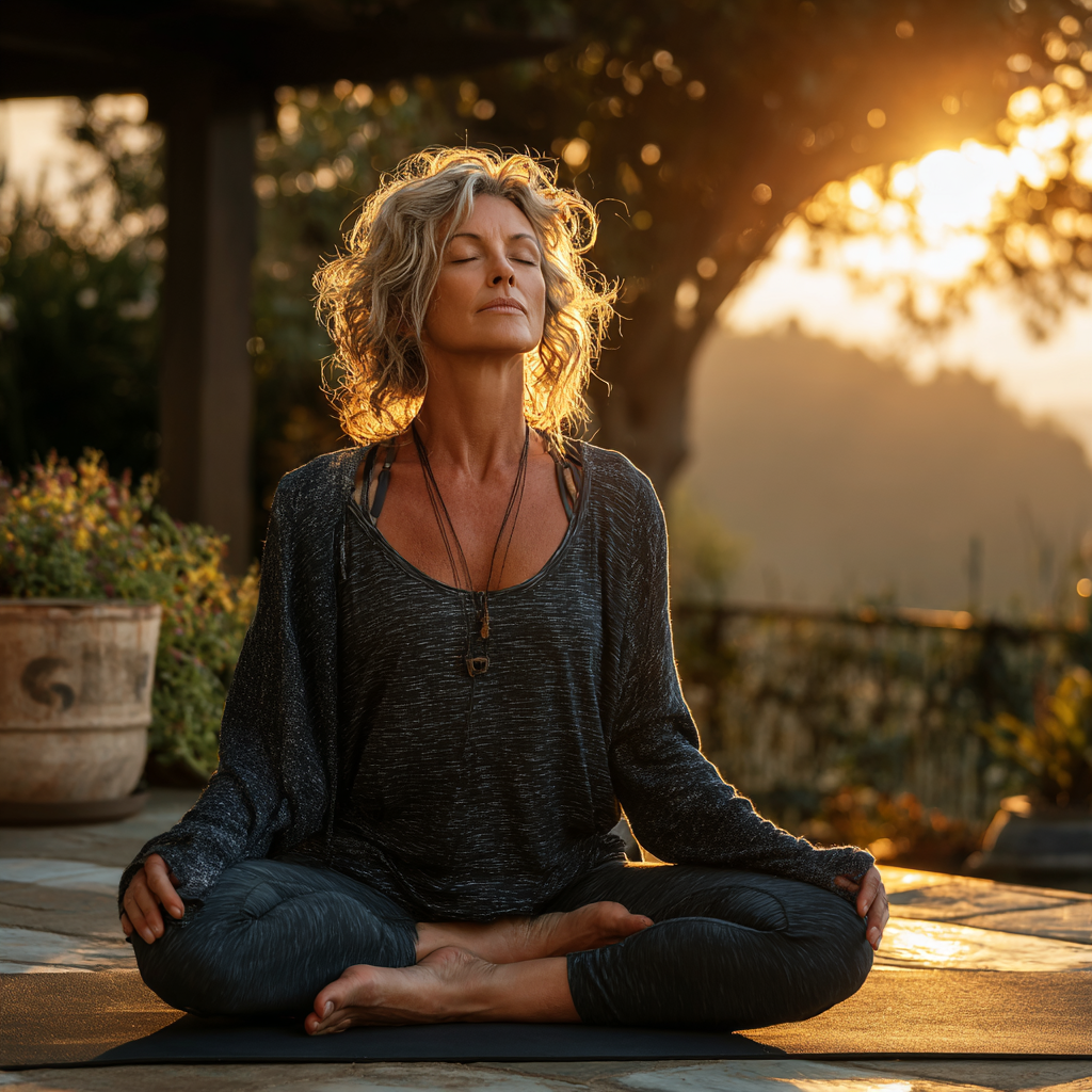 Serene woman in her early fifties practicing yoga in meditation pose outdoors, sitting cross-legged on a yoga mat with eyes closed, wearing comfortable exercise clothing in natural lighting